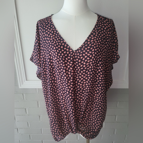 West Kei Tops - West Kei V-Neck Blouse with Pink and Navy BLUE Print